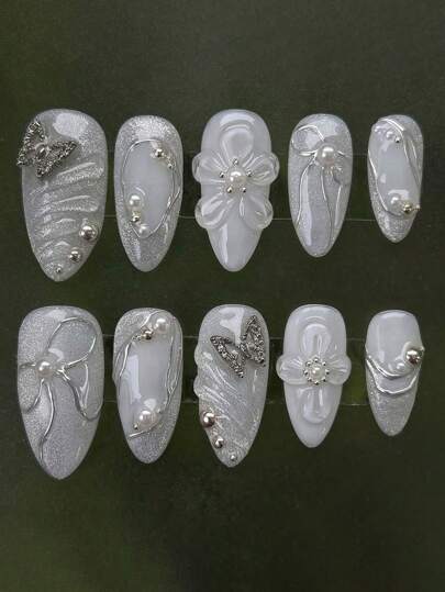 10Pcs Almond Shaped 3D Butterfly Rhinestone Nail Art False Nails Fullcover Manicure Decorations, Sweet & Adorable Design Suitable For Any Occasions Press On Nails Nail Supplies Nails