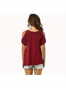 Women Summer Short Sleeve T-Shirt Hollow Out Off Shoulder V Neck Tops Solid Color Irregular Hem Loose Blouse - 紅色 - 查看 2