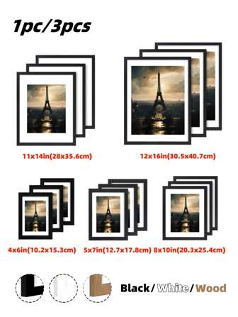多尺寸相框套装 | 黑色、白色、木质 | 4*6 英寸、5*7 英寸、8*10 英寸、11*14 英寸、12*16 英寸 | 适合图片、艺术印刷品、明信片、标本 | 非常适合家庭画廊墙壁、艺术展示、婚礼、DIY、圣诞装饰、万圣节装饰、房间装饰