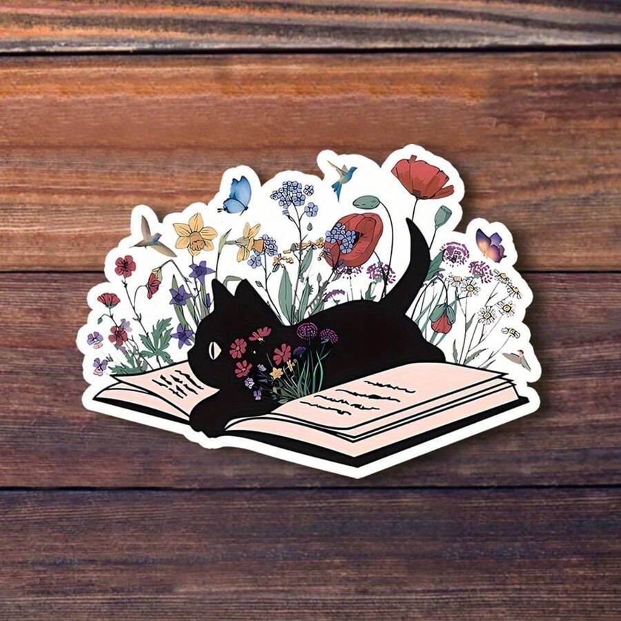 Schwarze Katze und Blumen 3 Zoll Vinyl Aufkleber, verspieltes buchiges Design, Geschenk für Buchliebhaber, süß und künstlerisch, perfekt für Laptops, Wasserflaschen, Handyhüllen, Notizbücher und mehr, wasserfest, leicht anzubringen