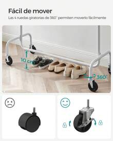 SONGMICS Burro Ropa con Ruedas, Perchero Burro Extensible, Capacidad de Carga de 130 kg, Fácil de Montar, Portátil, Blanco Mate MHSR011W01 - Blanco - Ver 4