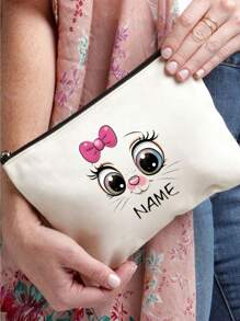 Custom DIY Pink Bow Big-Eyed Cat Canvas Makeup Bag, Multipurpose Zipper Pouch, Travel Toiletry Bag, Pencil Case, And Gift Bag, Ideal Personalized Gift For Couples, Friends, Family, And Teachers