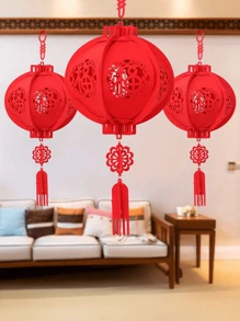 1pc Lunar New Year Lantern, Red Chinese Lantern, New Year Celebration, Decorated With Small Lantern, Red Lantern For The Spring Festival, New Year Decoration, And Lucky Character Pendant