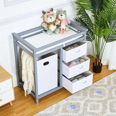 ShiningLove Baby Changing Table, Baby Changing Table Dresser With Laundry Basket, 3 Drawer Baskets And Changing Pad