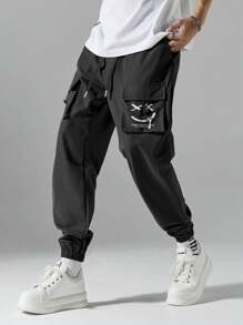 2pcs Men's Casual Smile Face Printed Drawstring Cargo Pants - Multicolor - View 3