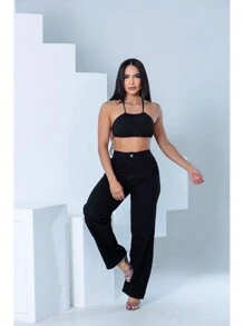 Wide Leg Jeans Preta Lisa Sem Rasgos Denim Moda Fashion Blogueiras