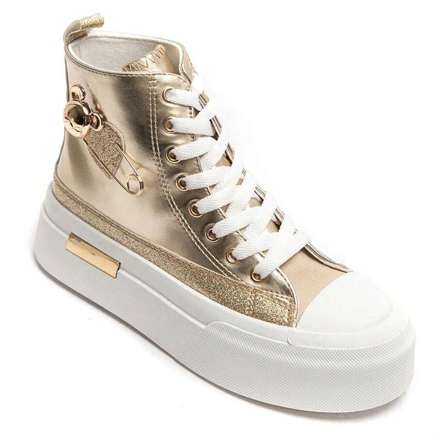 女士纯色拼接休闲运动鞋，适合日常穿着 - 金色 - 查看 1