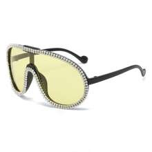 Rhinestone Aviator Sunglasses Oversized Curved UV Lenses, Glamorous Y2K Inspired Frame With Crystal Accents, Women's Luxury Fashion Glasses For Women's Festival-Ready Fits, Night Out, Celebrations, Live Music Looks And Lookbook Sessions - 黃色 - 查看 1