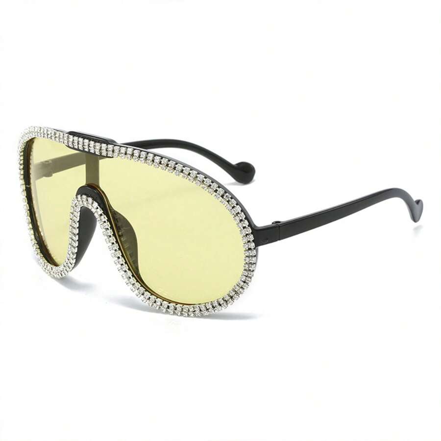 Rhinestone Aviator Sunglasses Oversized Curved UV Lenses, Glamorous Y2K Inspired Frame With Crystal Accents, Women's Luxury Fashion Glasses For Women's Festival-Ready Fits, Night Out, Celebrations, Live Music Looks And Lookbook Sessions - 黃色 - 查看 1