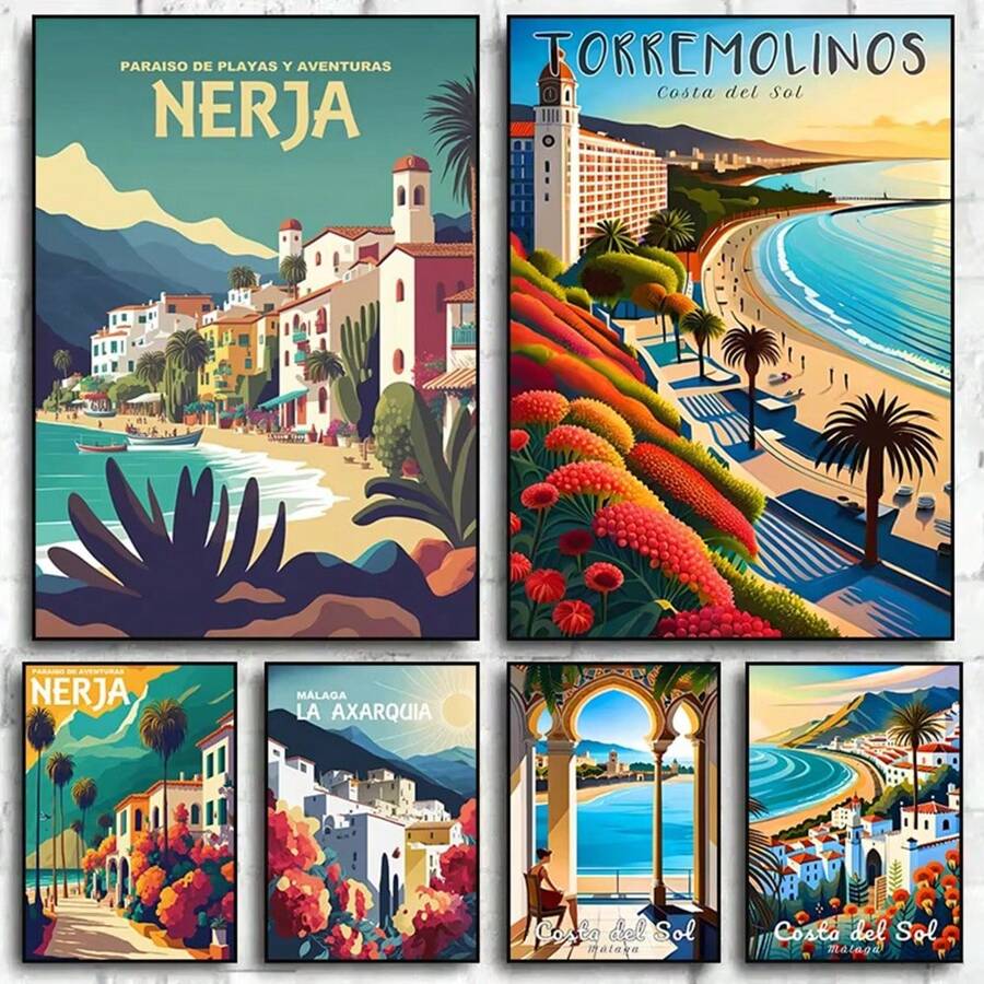 1pc Wall Arts Posters Optional Frame Travel Canvas Poster, Retro Travel Poster Malaga City Canvas Printing Art Village Beach Sunshine Coast Retro Wall Art Picture Mural Home Decoration, Frameless ,Wall Art With Frame