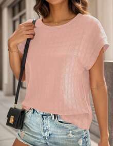 tooluck Women Casual T-Shirt Short Sleeve Basic Solid Color Round Neck Top Blouse - 粉色 - 查看 3