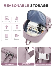 Floless 14/15.6英寸女士笔记本电脑背包，休闲大学生背包，日常背包，旅行包，纯色时尚防盗简约休闲风格，防水多功能女士户外背包，便携大容量24升休闲日用背包，带拉链口袋，大容量多隔层 - 藕粉色 - 查看 5