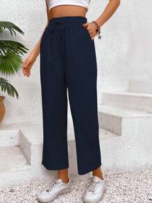 Pantalon casual taille-nouée droit ample 7/8 de couleur unie pour femmes