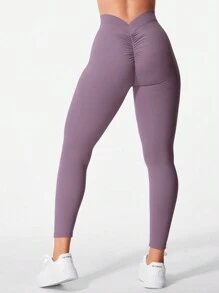 VOYJOY Gym Leggings For Women V Back Workout Leggings Scrunch Butt Lifting Leggings For Women High Waist Yoga Pants Daze - Dark Purple - View 2