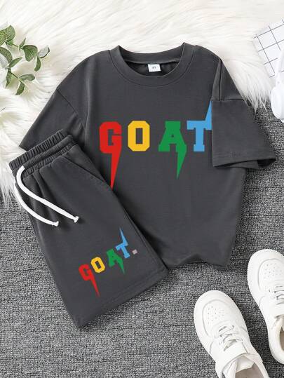Young Boy Cartoon Print Short Sleeve T-Shirt And Shorts Set