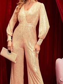Double Crazy 1pc Sequin Embellished Long Sleeve V-Neck Jumpsuit, Elegant & Fashionable - Champagne - View 5