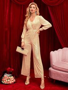 Double Crazy 1pc Sequin Embellished Long Sleeve V-Neck Jumpsuit, Elegant & Fashionable - Champagne - View 6
