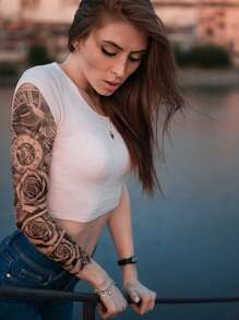 1 张超大全臂尺寸人体艺术临时纹身贴纸，男女皆宜，黑色 3D 鸽子时钟鹰凤凰玫瑰街头风格图案，防水假袖纹身，持续 2-5 天，遮盖疤痕，可用于手臂手腕肩腿腰颈手胸部大腿手指，最佳朋友情侣派对纹身 - 黑色 - 查看 2