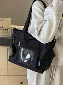 Diseño de bolsillo transparente, bolso de mano de gran capacidad con monedero, nueva mochila de estilo coreano con múltiples bolsillos, bolso cruzado casual multifuncional, bolso de lona mediano, bolso de tote con bolsillo de PVC transparente - Negro - Ver 5