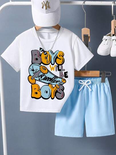 Conjunto de 2 piezas de camiseta de manga corta con estampado de letras y shorts de verano para niños preadolescentes