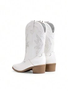 Girls Cowboy Boots, Western Style Mid Calf Boots With Fashion Embroidery - trắng - Xem 9