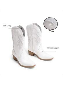 Girls Cowboy Boots, Western Style Mid Calf Boots With Fashion Embroidery - trắng - Xem 7