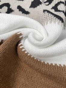 Women's Oversized Cute Colorblock Leopard Print Sweater, Casual Comfortable Ribbed Knit Crew Neck Long Sleeve Pullover Top - Multicolor - View 7