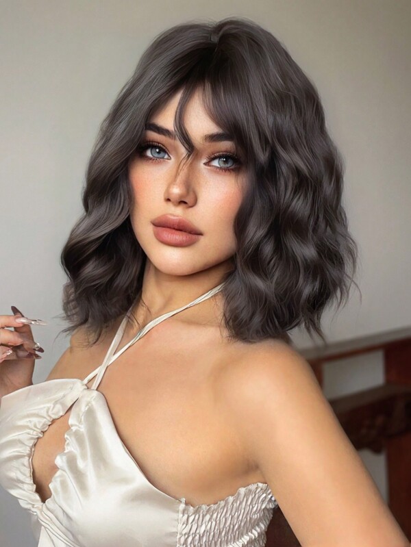 1-Piece Synthetic Heat Resistant Short Curly Hair Middle Part Wig Black Oak 16 Inches Full Machine Weave Daily Natural Realistic Wig
