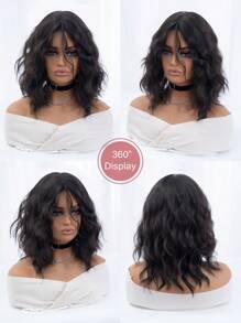 1-Piece Synthetic Heat Resistant Short Curly Hair Middle Part Wig Black Oak 16 Inches Full Machine Weave Daily Natural Realistic Wig - Black Brown - View 7