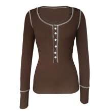 Long Sleeve Tops For Women Striped Button Up Tunic Shirts Loose Fit Sexy Henley Tee Blouses - 咖啡棕 - 查看 4