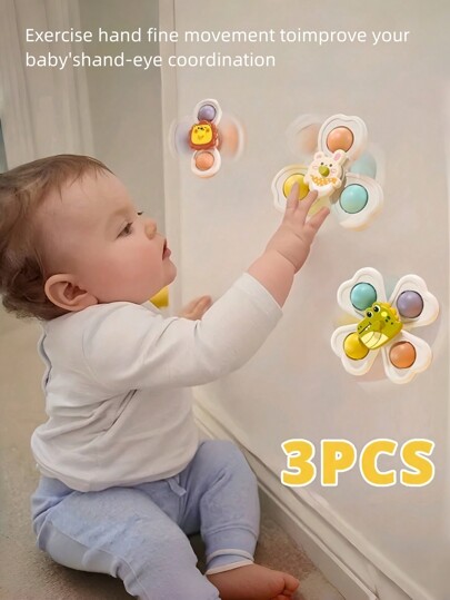 3 Piezas Juguetes giratorios con ventosa, juguetes para bebés, juguetes giratorios para niños pequeños de 1 a 3 años, juguetes sensoriales para la educación temprana, juguetes para sillas de comedor, regalos de cumpleaños para niños y niñas pequeños, apropiados para uso diario de bebés, juguetes para bebés, juguetes de baño, baño de bebé, juguetes de bebé, juguetes de baño, juguete de bebé