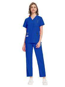 女式护士制服，轻便透气护士上衣，弹力护士裤，医生工作服，水疗中心制服 - 寶藍色 - 查看 5