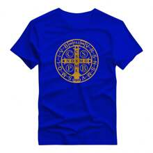 Basic Printed T-Shirt 100% Cotton Shirt With Saint Benedict Medal Print - 寶藍色 - 查看 1