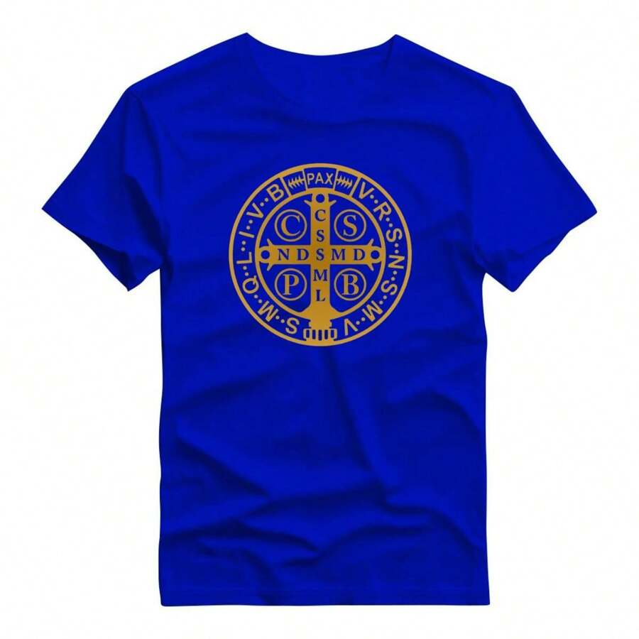 Basic Printed T-Shirt 100% Cotton Shirt With Saint Benedict Medal Print - 寶藍色 - 查看 1