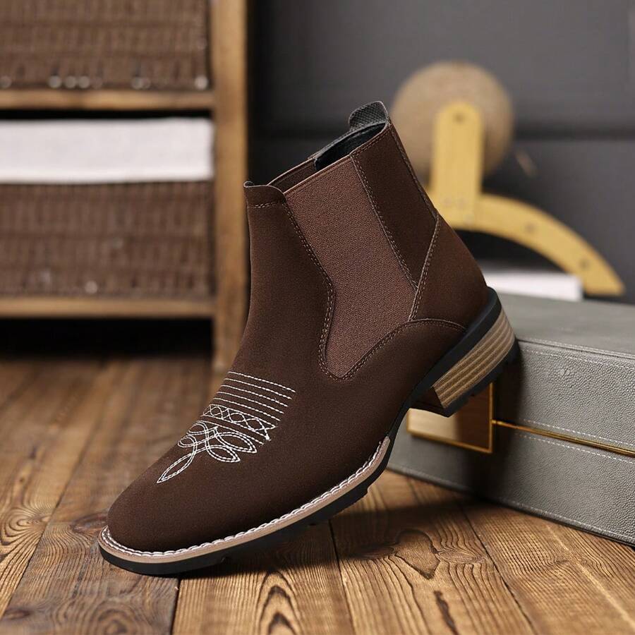 Botas Chelsea bordadas al estilo occidental para hombres, de cuero sintético mate con puntera cuadrada y elástico, color negro, tallas US 6.5-12.5
