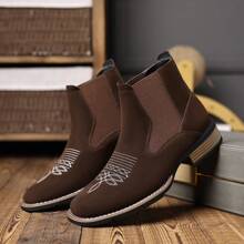 Botas Chelsea bordadas al estilo occidental para hombres, de cuero sintético mate con puntera cuadrada y elástico, color negro, tallas US 6.5-12.5 - Café integral - Ver 3