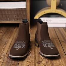 Botas Chelsea bordadas al estilo occidental para hombres, de cuero sintético mate con puntera cuadrada y elástico, color negro, tallas US 6.5-12.5 - Café integral - Ver 5