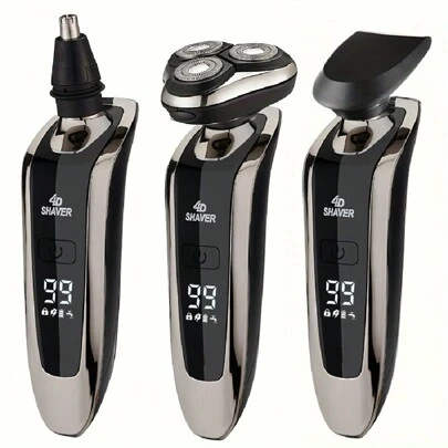 جهاز حلاقة كهربائي رجالي 3 في 1، نصل قابل للفتح بلمسة واحدة لتنظيف أسهل، شاشة عرض رقمية LED لمؤشر مستوى البطارية، يأتي مع ملحقات لتشذيب اللحية والشعر الأنفي، قابل للشحن عبر منفذ USB محمول، مناسب للسفر والاستخدام اليومي، هدية رائعة للزوج