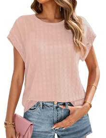 tooluck Women Casual T-Shirt Short Sleeve Basic Solid Color Round Neck Top Blouse - 粉色 - 查看 1
