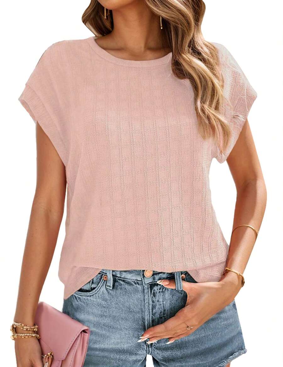 tooluck Women Casual T-Shirt Short Sleeve Basic Solid Color Round Neck Top Blouse - 粉色 - 查看 1