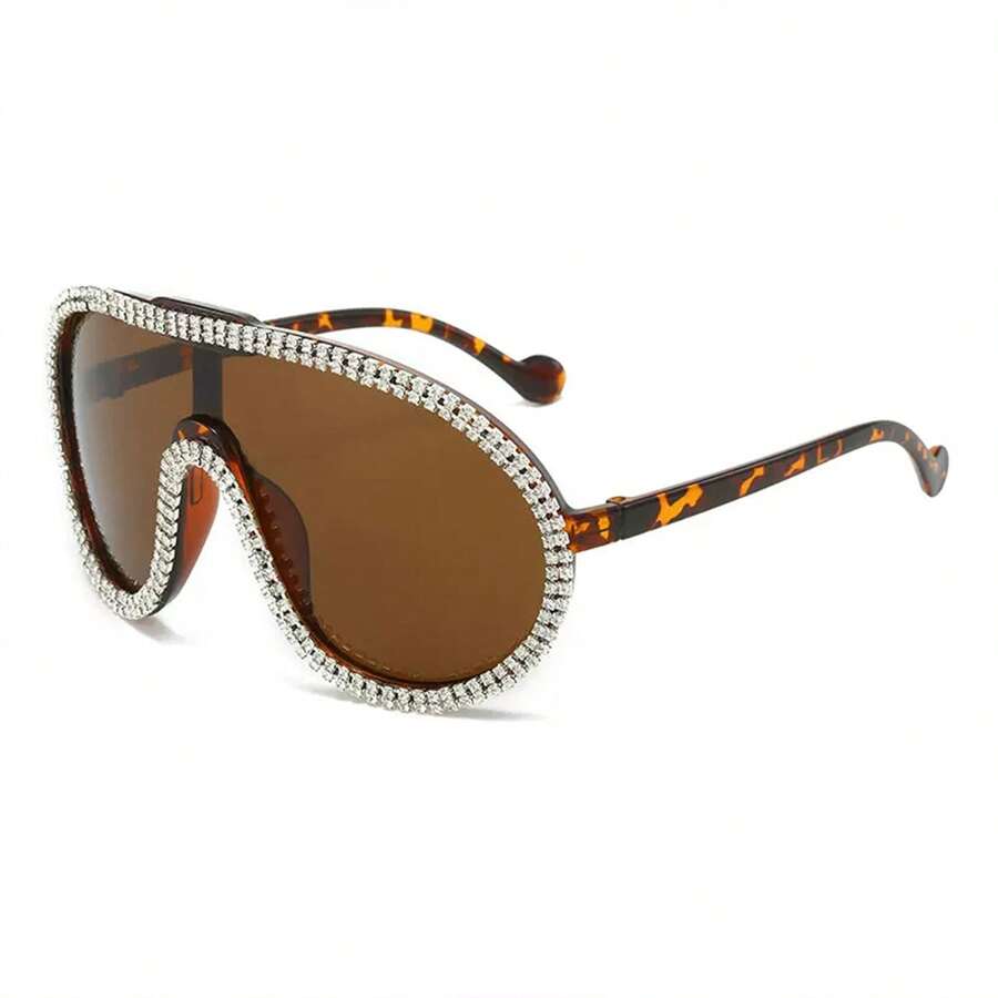 Rhinestone Aviator Sunglasses Oversized Curved UV Lenses, Glamorous Y2K Inspired Frame With Crystal Accents, Women's Luxury Fashion Glasses For Women's Festival-Ready Fits, Night Out, Celebrations, Live Music Looks And Lookbook Sessions - 烏龜 - 查看 1