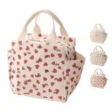 Baglemon Cute Love Printing Design Corduroy Insulated Lunch Bag With Large Capacity Bilateral Bag With Zipper, Bags For Ladies