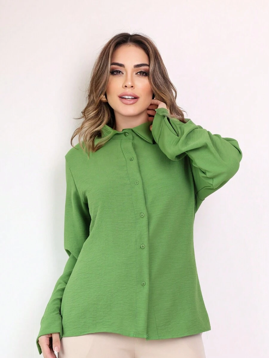 Women's Long Sleeve Shirt Blouse - 橄欖綠 - 查看 1