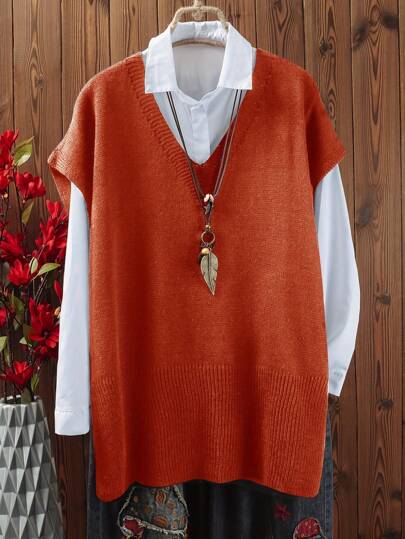 Damski sweter w dużym rozmiarze, wygodny, bez rękawów, z dekoltem w serek