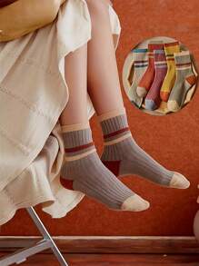 5 Pairs Solid Color Patchwork Minimalist Knee-High Socks, Casual Daily Wear