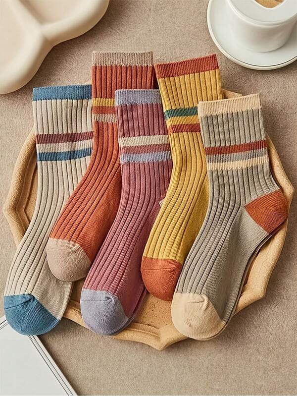 5 Pairs Solid Color Patchwork Minimalist Over-The-Knee Women Socks, Casual Daily Wear
