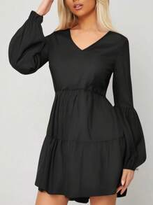Women's V-Neck Puff Sleeve Short Dress - 黑色 - 查看 2