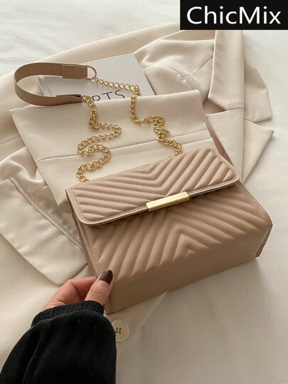 Bolso de hombro con cadena en unicolor con relieve, minimalista y práctico multifunción