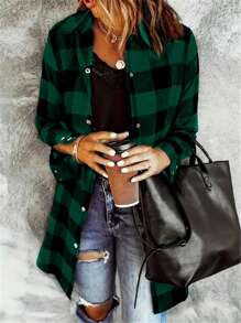Plus Size Women's Plaid Button Pocket Long Sleeve Casual Shirt