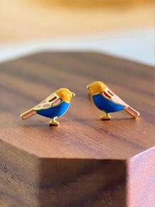 2pcs Colorful Enamel Cute Little Bird Drop Earrings, Refreshing Design High-End Earrings For Women